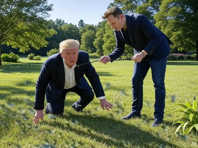 dos hombres, identificados como donald trump y elon musk, están en un césped verde bajo un cielo azul. trump está…