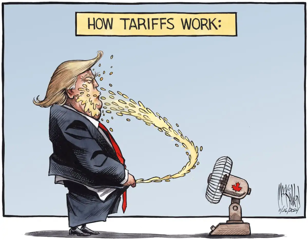 A cartoon depicts a man with distinctive blonde hair and a suit blowing a stream of yellow coins from his mouth toward a…