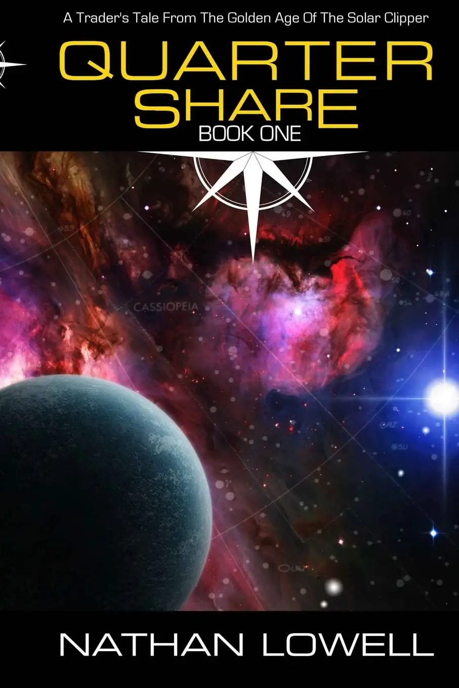 The image is a book cover for 'Quarter Share Book One' by Nathan Lowell, featuring a cosmic scene with a large planet in the…