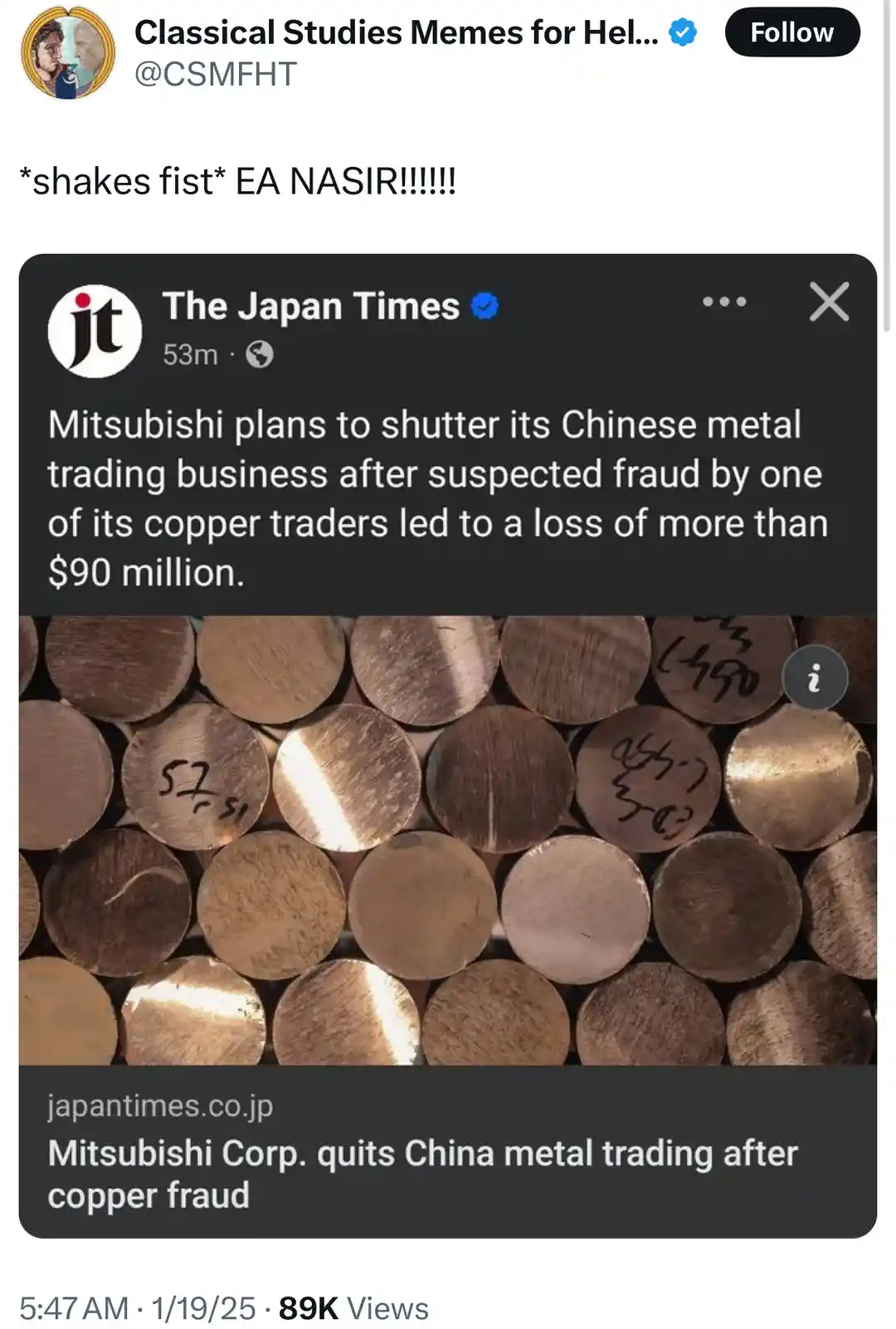 A screenshot of a Twitter post from The Japan Times shows a news article about Mitsubishi Corp. shutting down its Chinese…