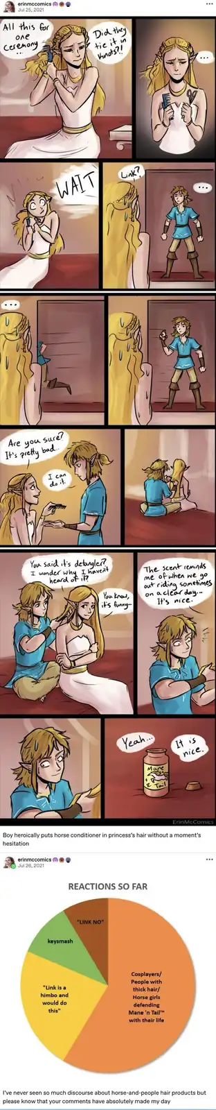 A comic strip shows Zelda, distressed by tangled hair for a ceremony, asking Link to help. He enters, she's surprised, and…