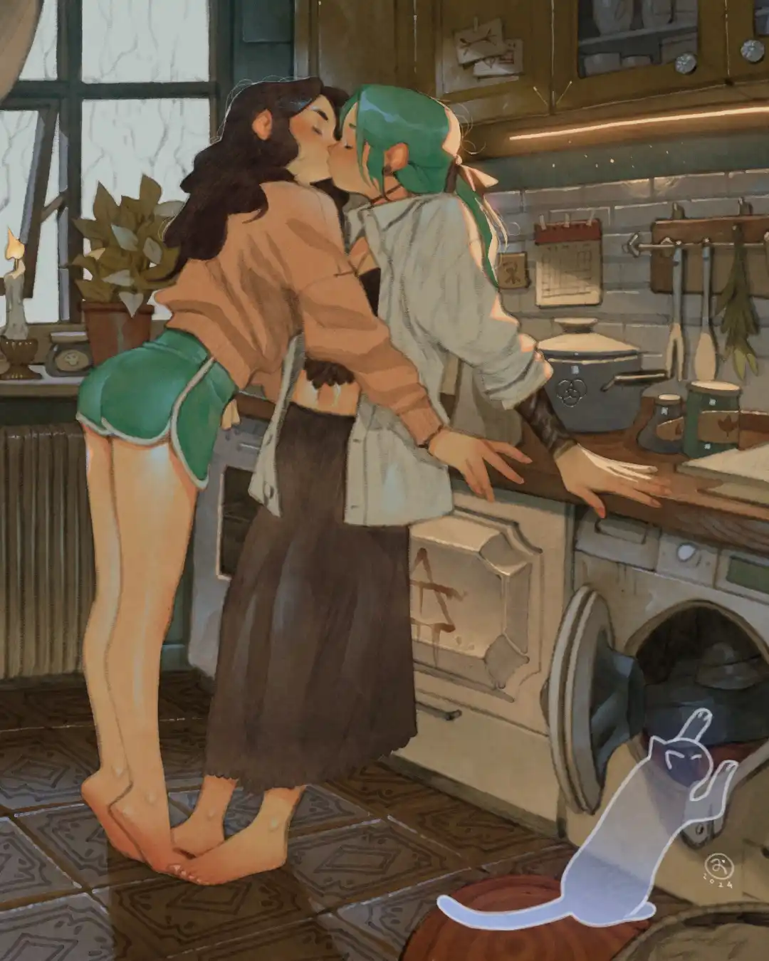 Two women are kissing passionately in a cozy kitchen, one with dark hair and the other with green hair, both wearing casual…