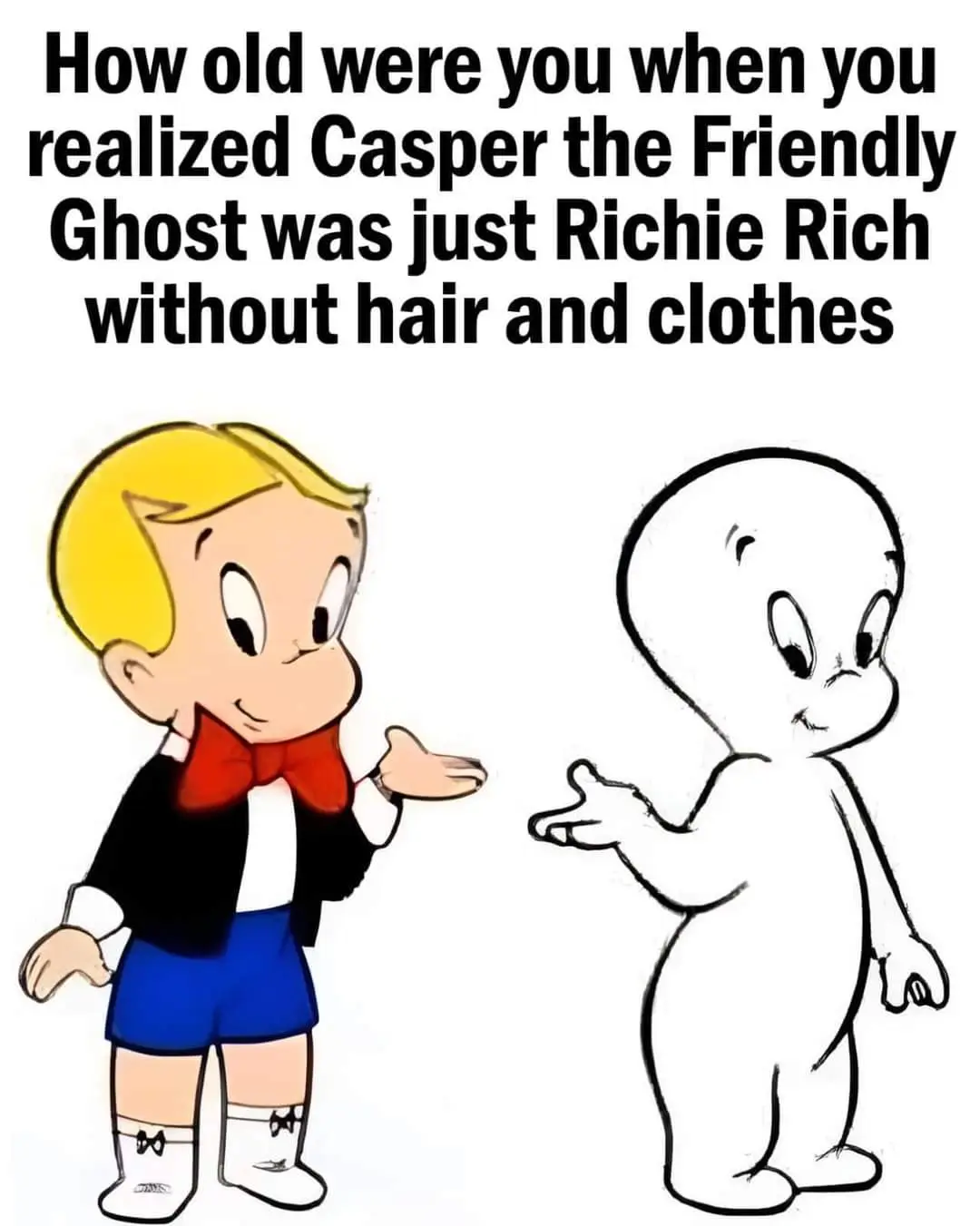 The image shows two cartoon characters: on the left, Richie Rich in his signature outfit with a red bowtie, black jacket…