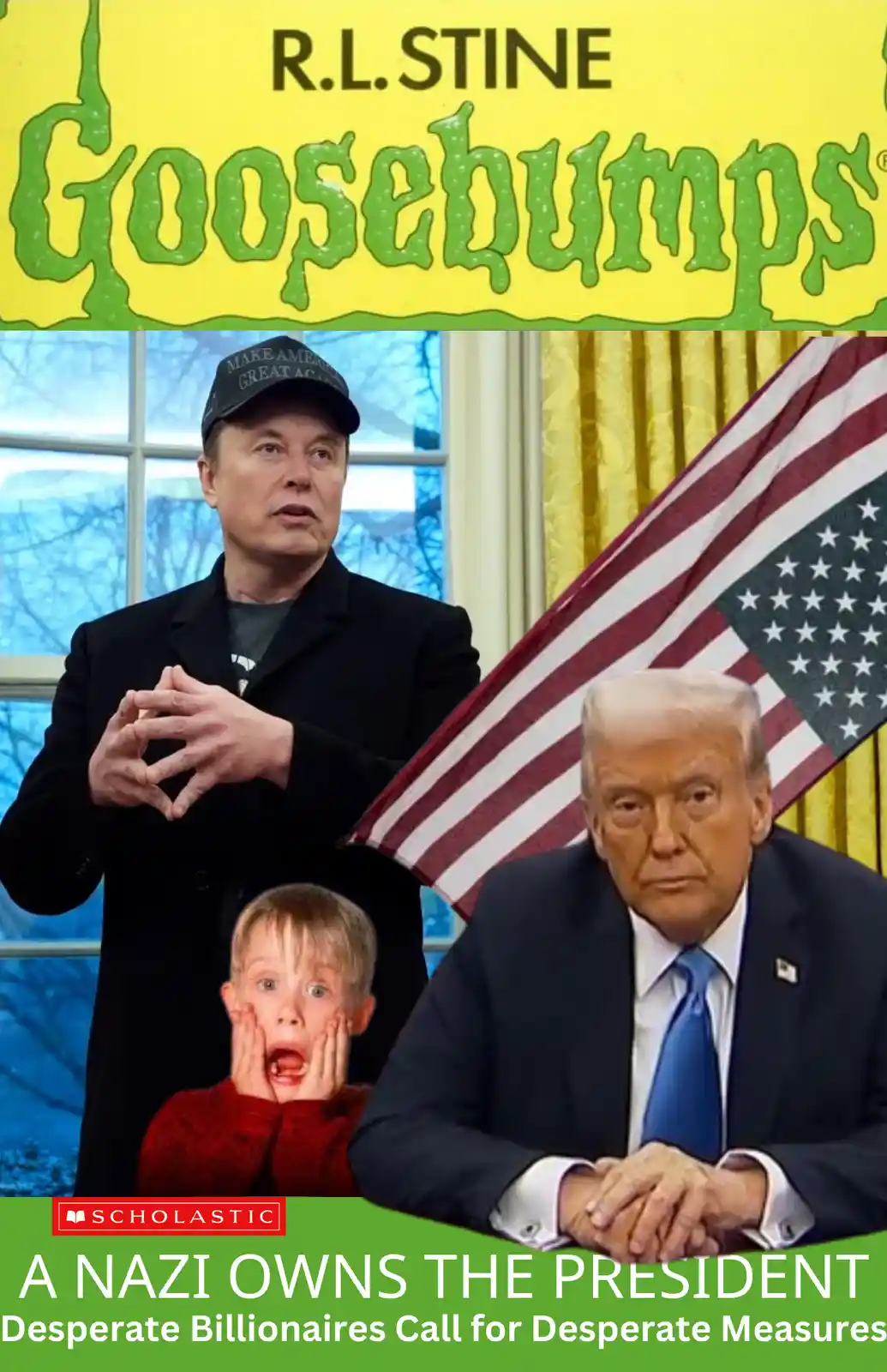 The image is a parody of a Goosebumps book cover, featuring R.L. Stine's name and logo at the top. Below, it shows Elon Musk…