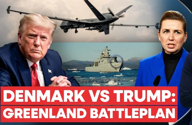 The image is a collage featuring Donald Trump on the left, a woman in a blue blazer on the right, a military drone flying…