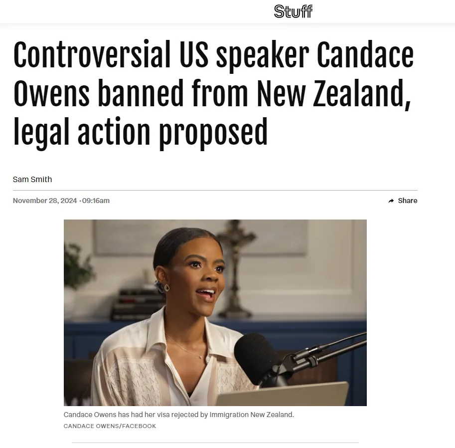 A screenshot of a news article from 'Stuff' dated November 28, 2024, featuring a photo of Candace Owens speaking into a…