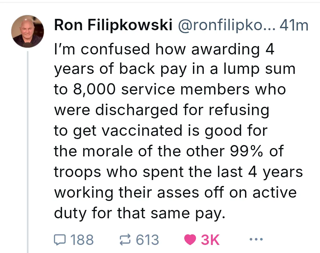 A screenshot of a tweet by Ron Filipkowski criticizing a policy that gives a lump-sum back pay to discharged service members…