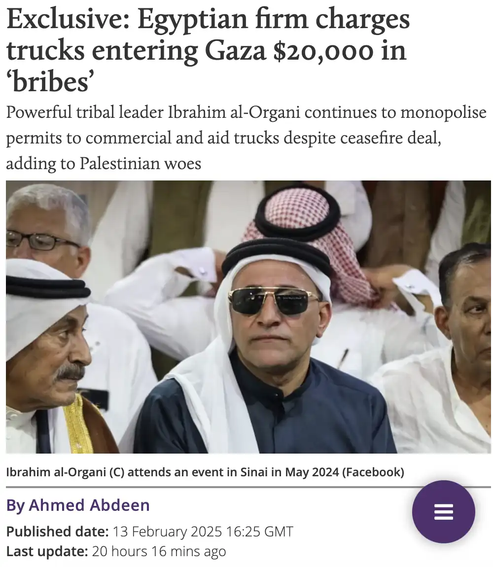 A news article screenshot shows a photo of Ibrahim al-Organi, a man wearing sunglasses and a white keffiyeh, seated among…