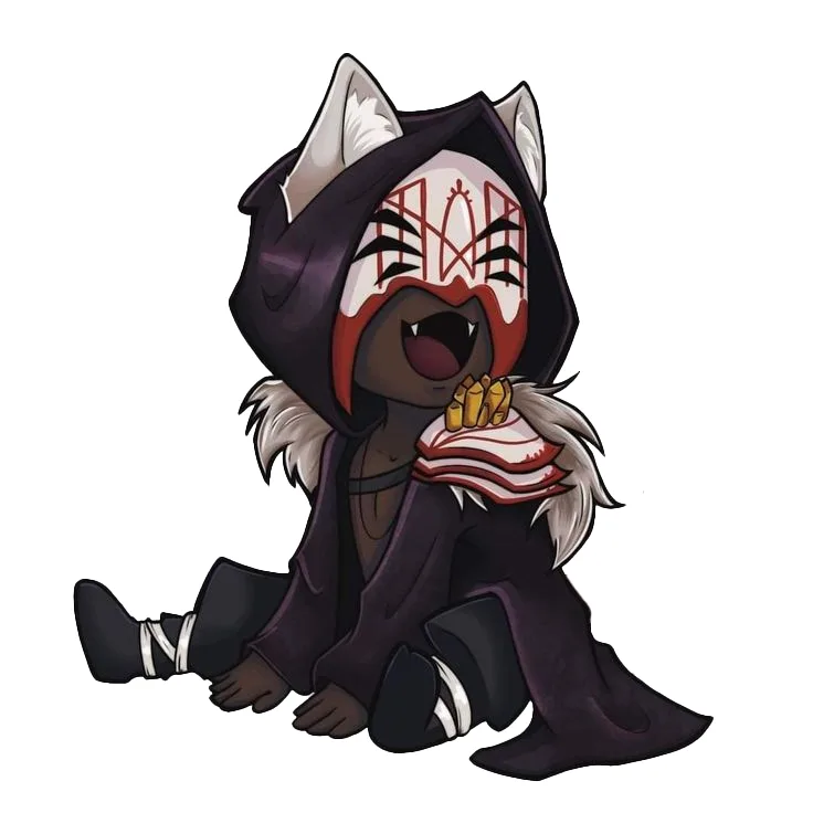 A chibi-style cartoon demon with cat ears, a dark hooded robe, and a white and red mask is sitting and happily eating a…