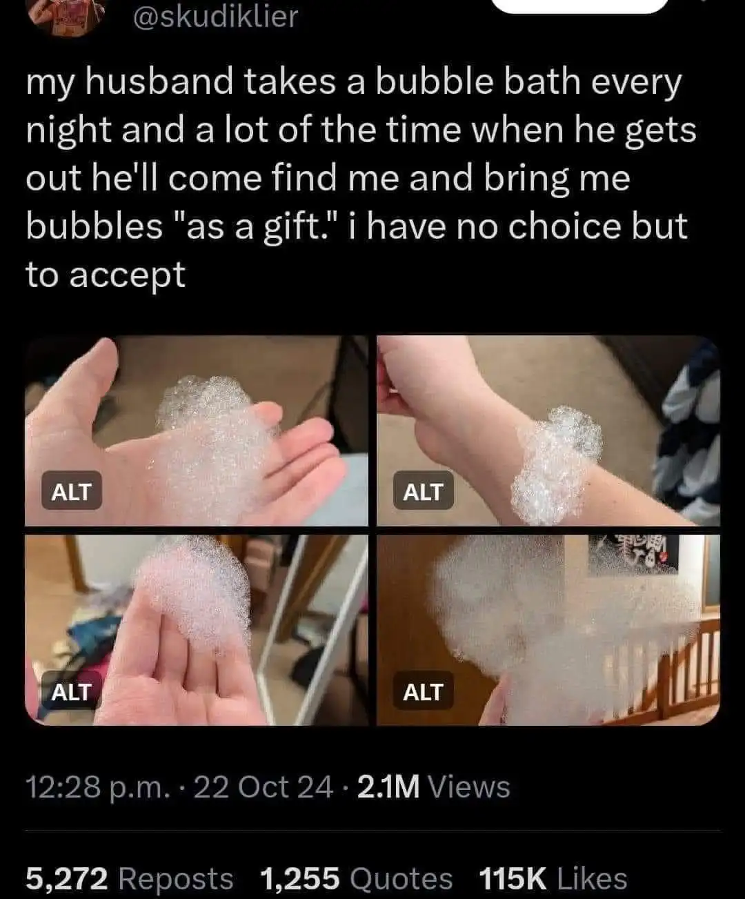 The image displays four photos showing hands and wrists covered in thick, white bath bubbles, with each photo labeled 'ALT'…