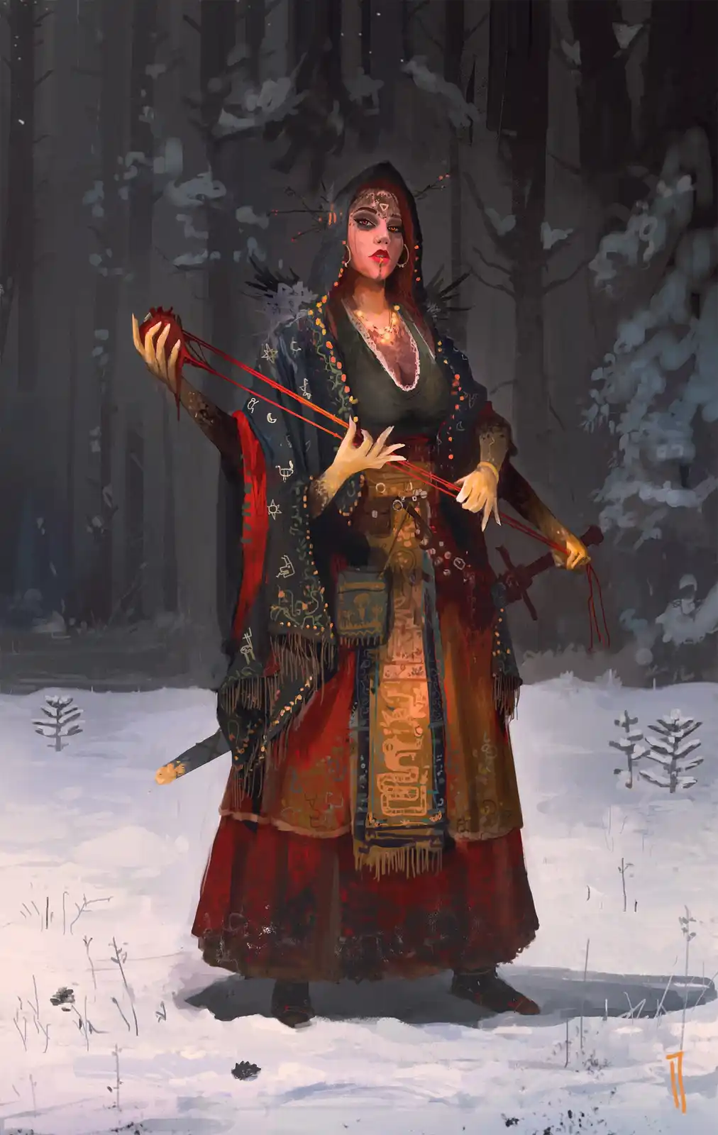 A woman in ornate, layered red and dark robes stands in a snowy forest, holding a red stringed object like a bow or weapon…
