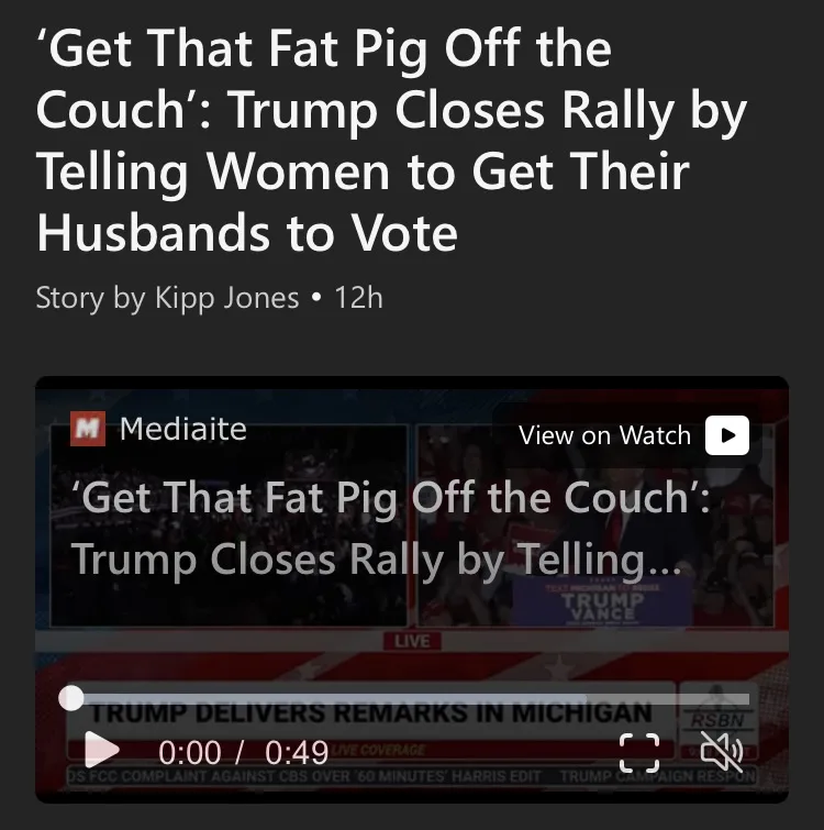 A screenshot of a news article headline overlaid on a video player interface from Mediaite. The headline reads 'Get That Fat…