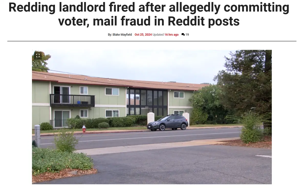 A news article screenshot shows a light green two-story apartment building with a gray SUV parked on the street in front…