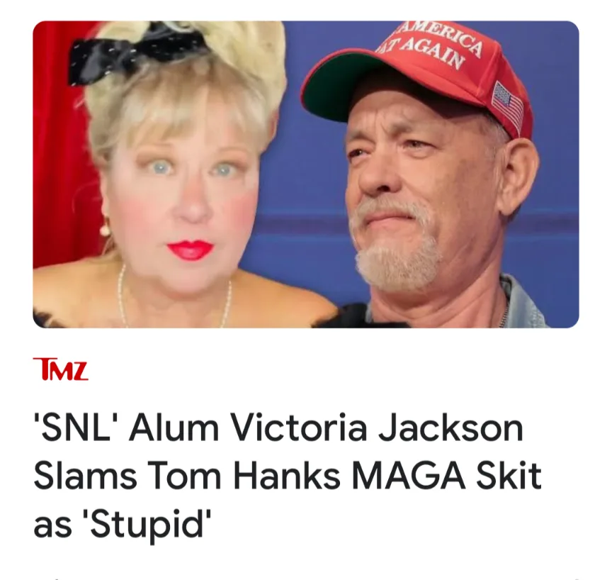 A split image shows actress Victoria Jackson with blonde hair and a black bow, looking surprised, next to actor Tom Hanks…