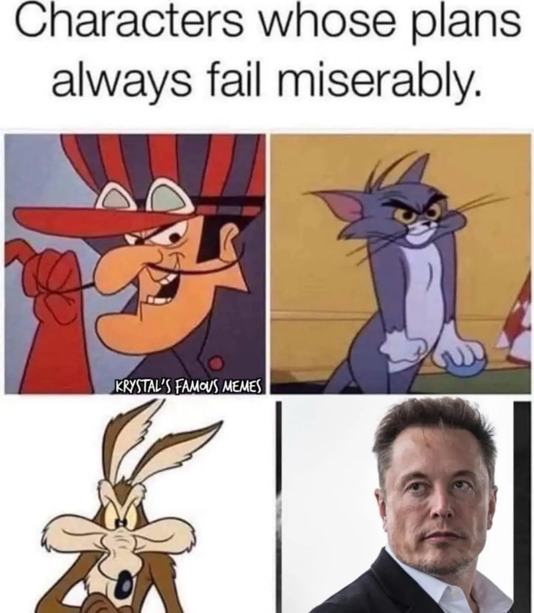 The image displays four panels: a cartoon villain with a red hat and mustache, a grumpy cartoon cat, a cartoon rabbit with a…