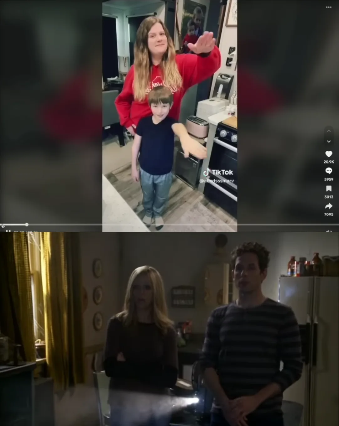 The top panel shows a woman in a red sweatshirt and a young boy in a dark shirt standing in a kitchen, both smiling and…