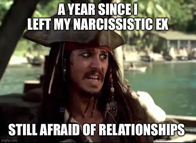 A still of Johnny Depp as Captain Jack Sparrow from Pirates of the Caribbean, looking intensely at the camera with a…