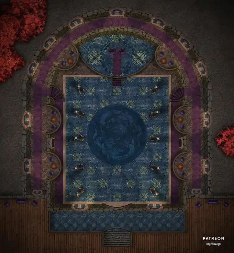 An overhead view of a grand, ornate fantasy hall with a central blue marble floor featuring a dragon design, surrounded by…