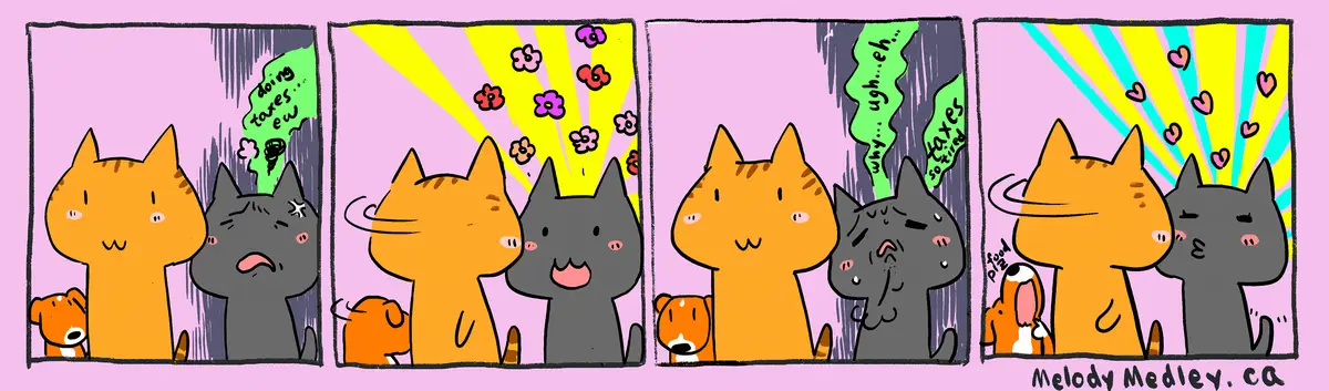 A four-panel comic strip featuring two cartoon cats and a small dog. In the first panel, the gray cat looks disgusted as…