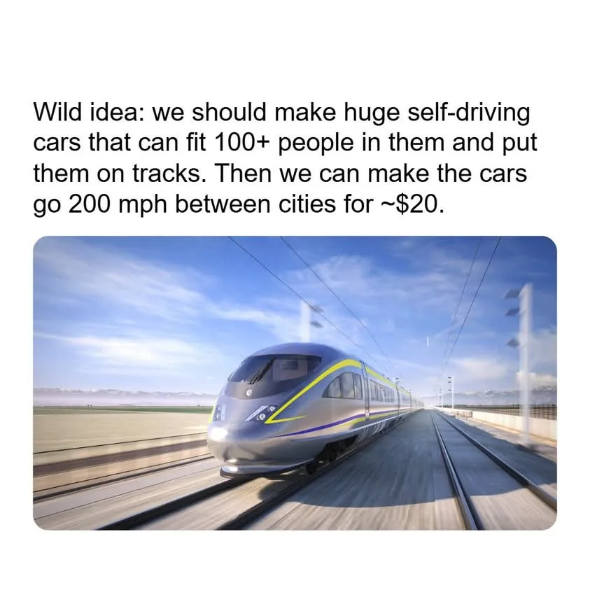 A sleek, modern high-speed train travels on tracks under a blue sky with distant mountains. Overlaid text reads: 'Wild idea…