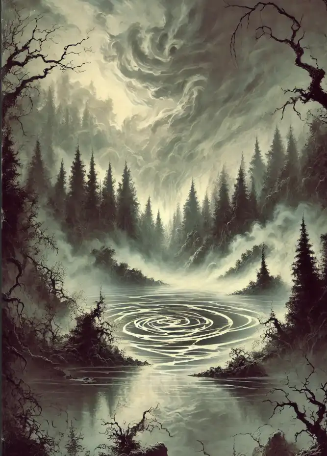 A dark, moody fantasy painting depicts a misty forest with gnarled, bare trees framing a river that flows through the…