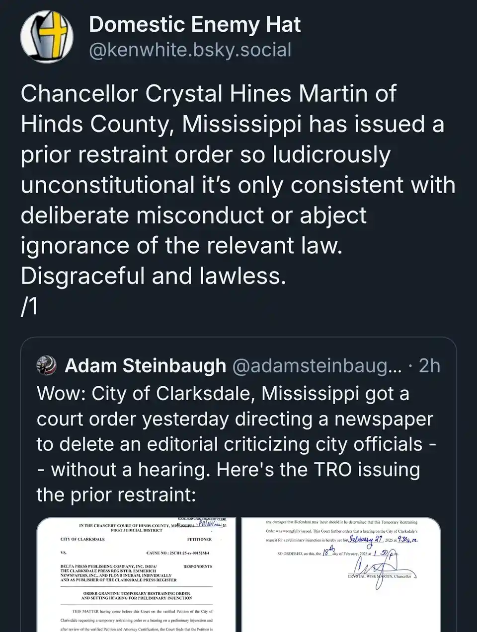 A screenshot of a social media post by 'Domestic Enemy Hat' criticizing a court order. The post includes a screenshot of a…