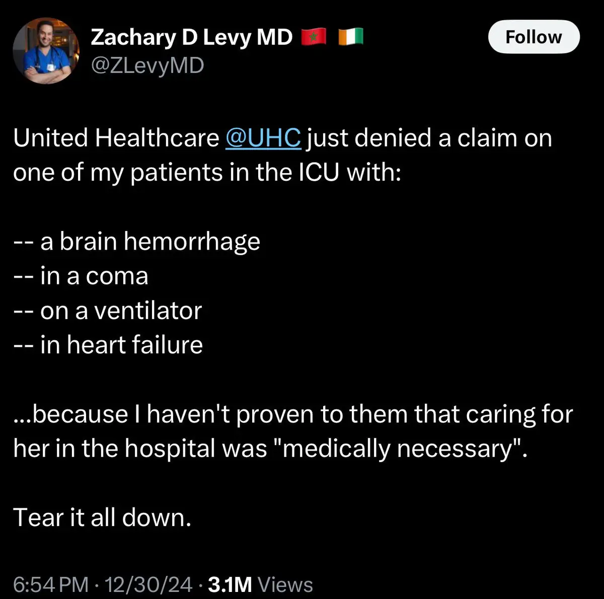 A screenshot of a tweet by Dr. Zachary D Levy MD detailing how United Healthcare denied a medical claim for a patient in…