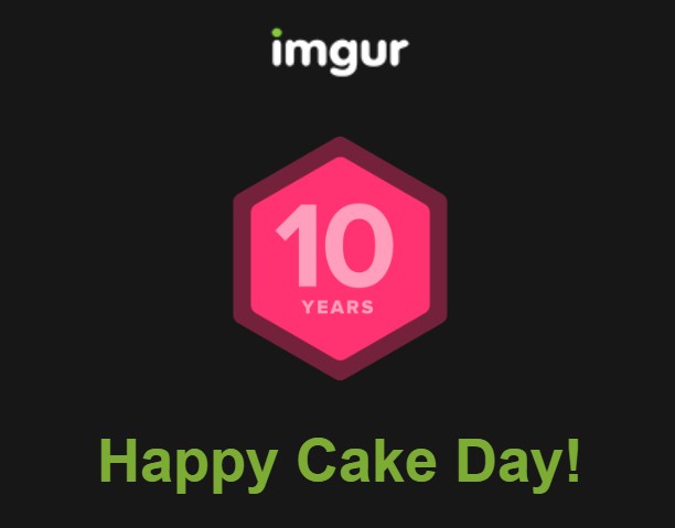 A black background with the Imgur logo at the top, a pink hexagon in the center displaying '10 YEARS', and green text at the…