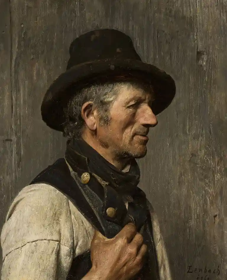 A 1861 oil painting by Zenbach depicts a weathered, elderly man in profile wearing a worn black hat, a dark vest with brass…