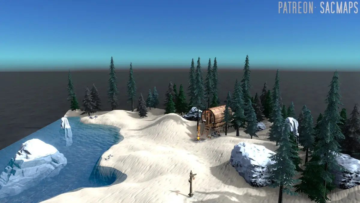 A screenshot from a video game shows a snowy, forested island with a wooden wagon, a campfire, and a small wooden post. The…