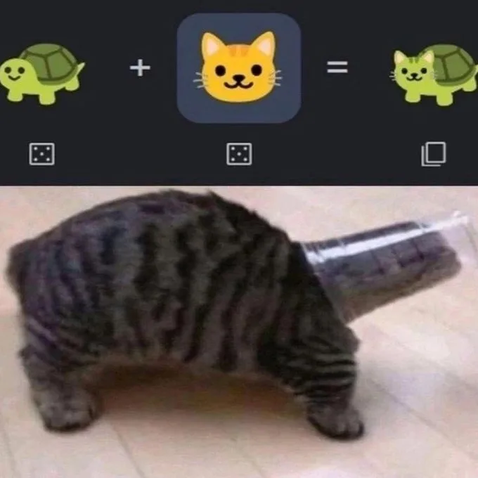 The top half shows a math-like equation with a green turtle emoji plus a yellow cat emoji equals a caturtle emoji. The…