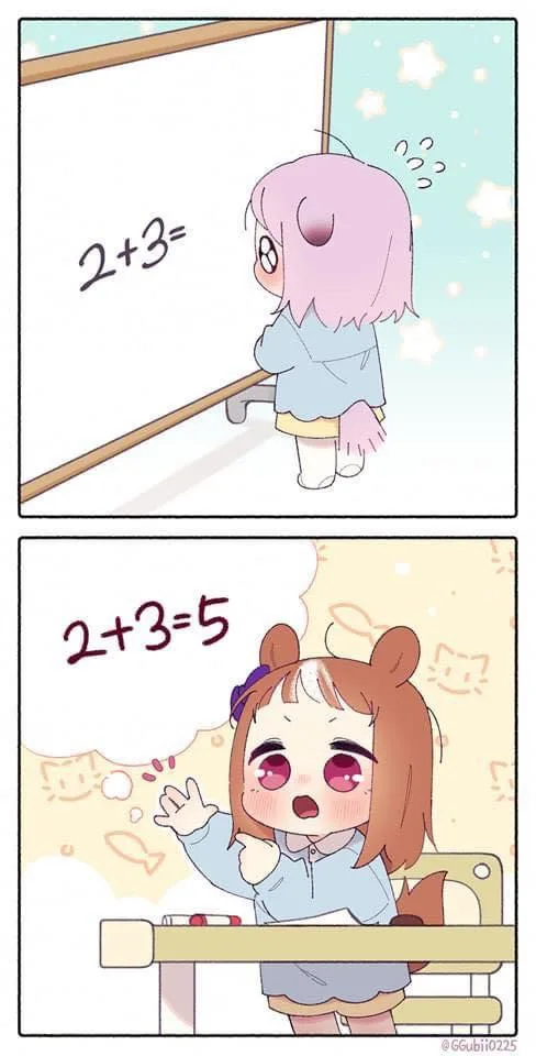 A two-panel comic shows a pink-haired girl nervously standing at a whiteboard with '2+3=' written on it. In the second…