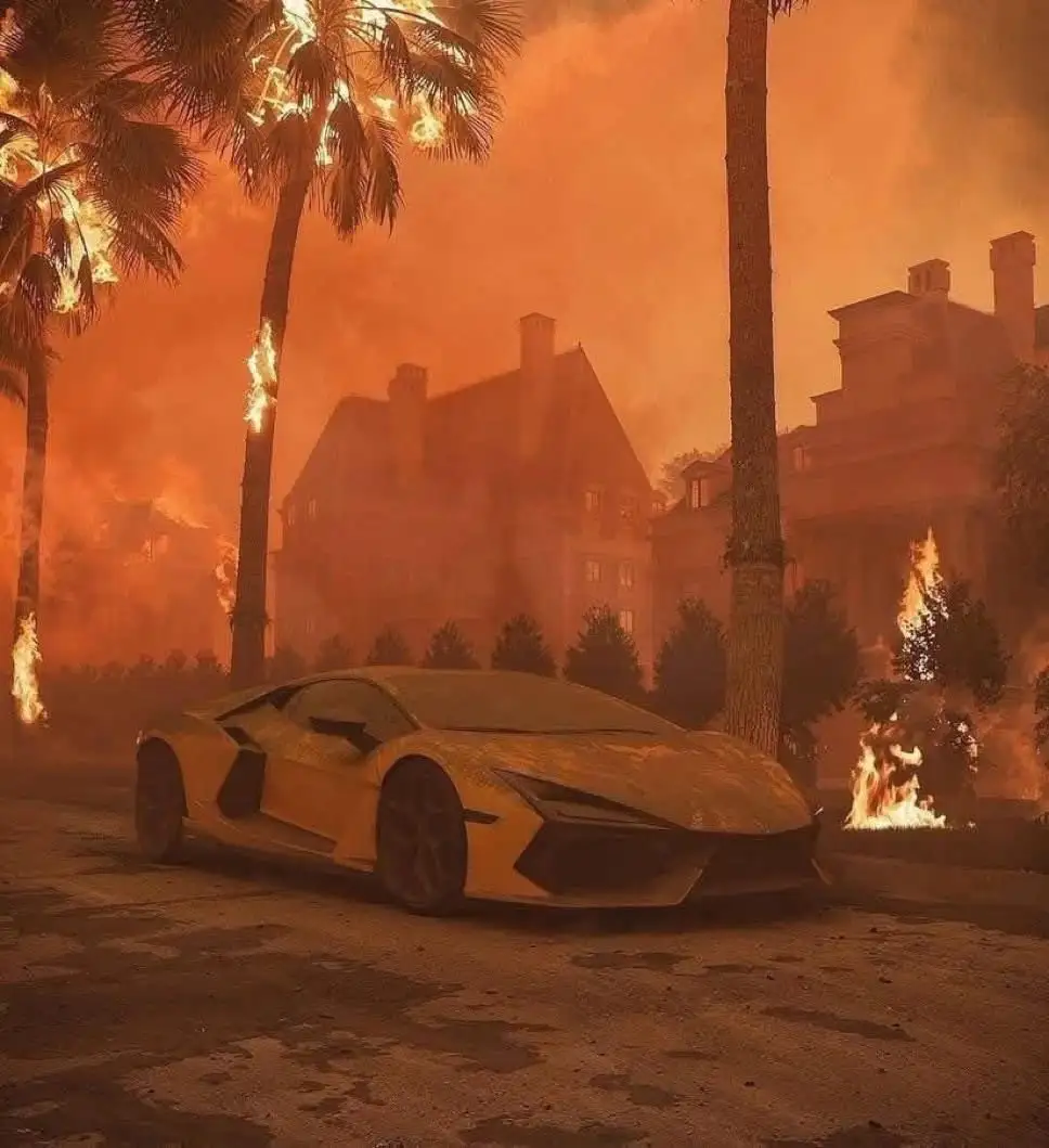 A yellow Lamborghini sports car is parked in front of a large mansion engulfed in flames, with palm trees burning in the…