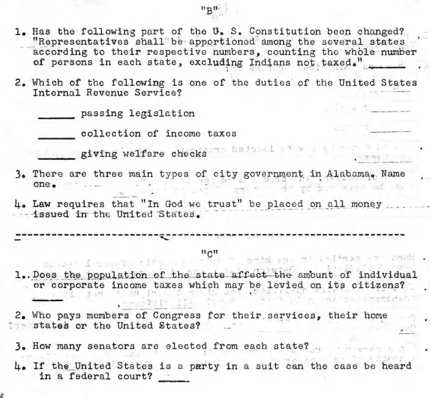 The image displays two sections labeled 'B' and 'C', each containing four multiple-choice or short-answer questions about…