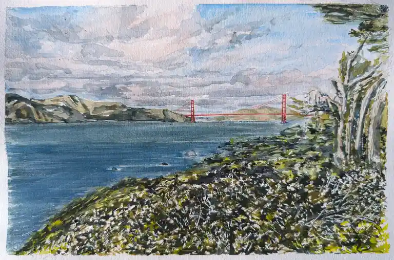A watercolor painting depicts the Golden Gate Bridge in the distance across a bay, with hills on the far side and a grassy…