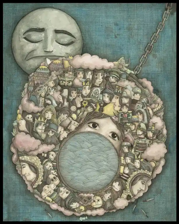 An intricate illustration shows a large, serene moon with closed eyes above a circular arrangement of numerous human faces…