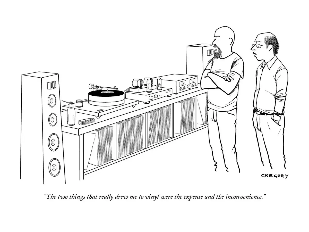 A black-and-white line drawing shows two men standing in front of a large audio setup featuring a turntable, amplifier with…