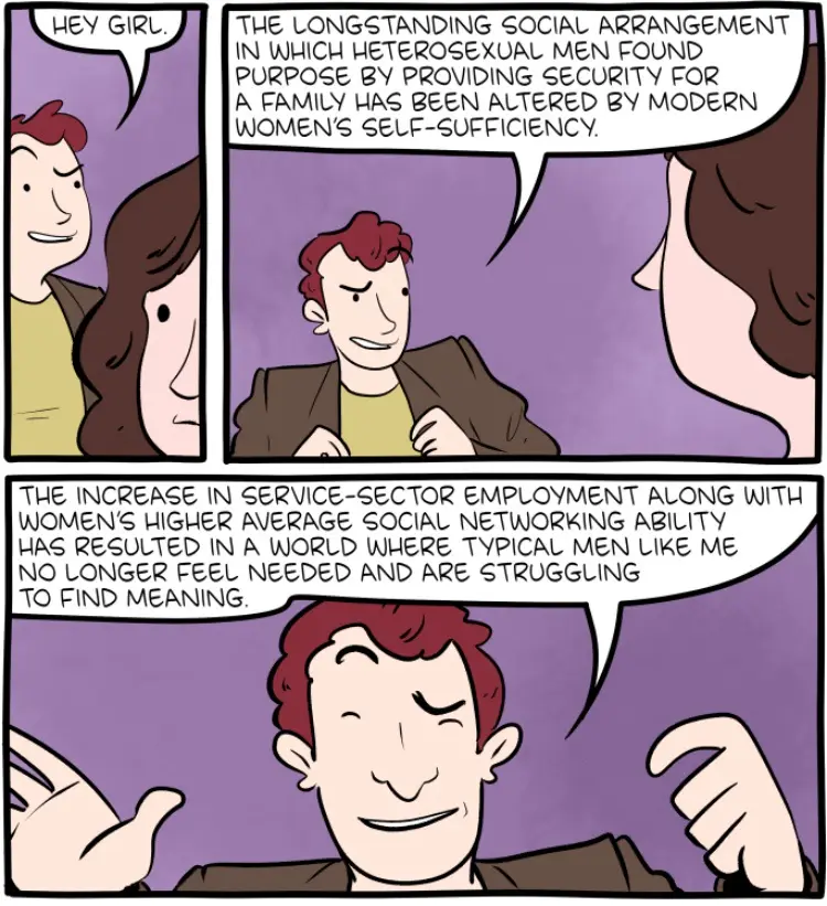 A three-panel comic strip shows a man talking to a woman. In the first panel, he says 'HEY GIRL.' In the second, he explains…