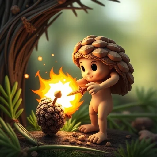 A cartoonish, naked humanoid figure with a pinecone-shaped head and pinecone body stands in a forest, holding a lit torch…