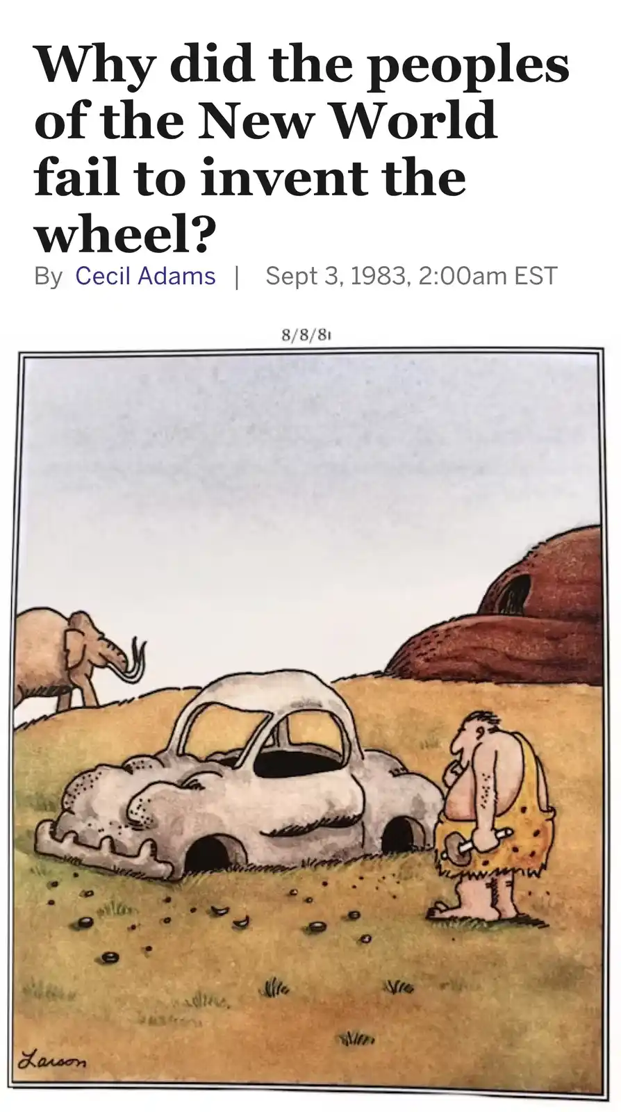 A cartoon depicts a caveman in a prehistoric landscape, holding a stone tool and looking at a car that has been eroded into…