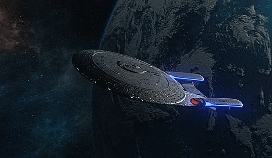 The image shows a Star Trek Enterprise spaceship in six sequential panels, rotating from a side view to a bottom-up view…