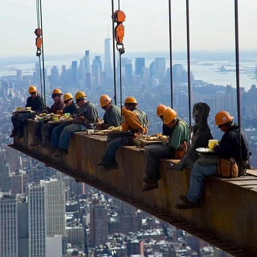 A group of construction workers in hard hats are sitting on a suspended steel beam high above a city skyline, eating lunch…