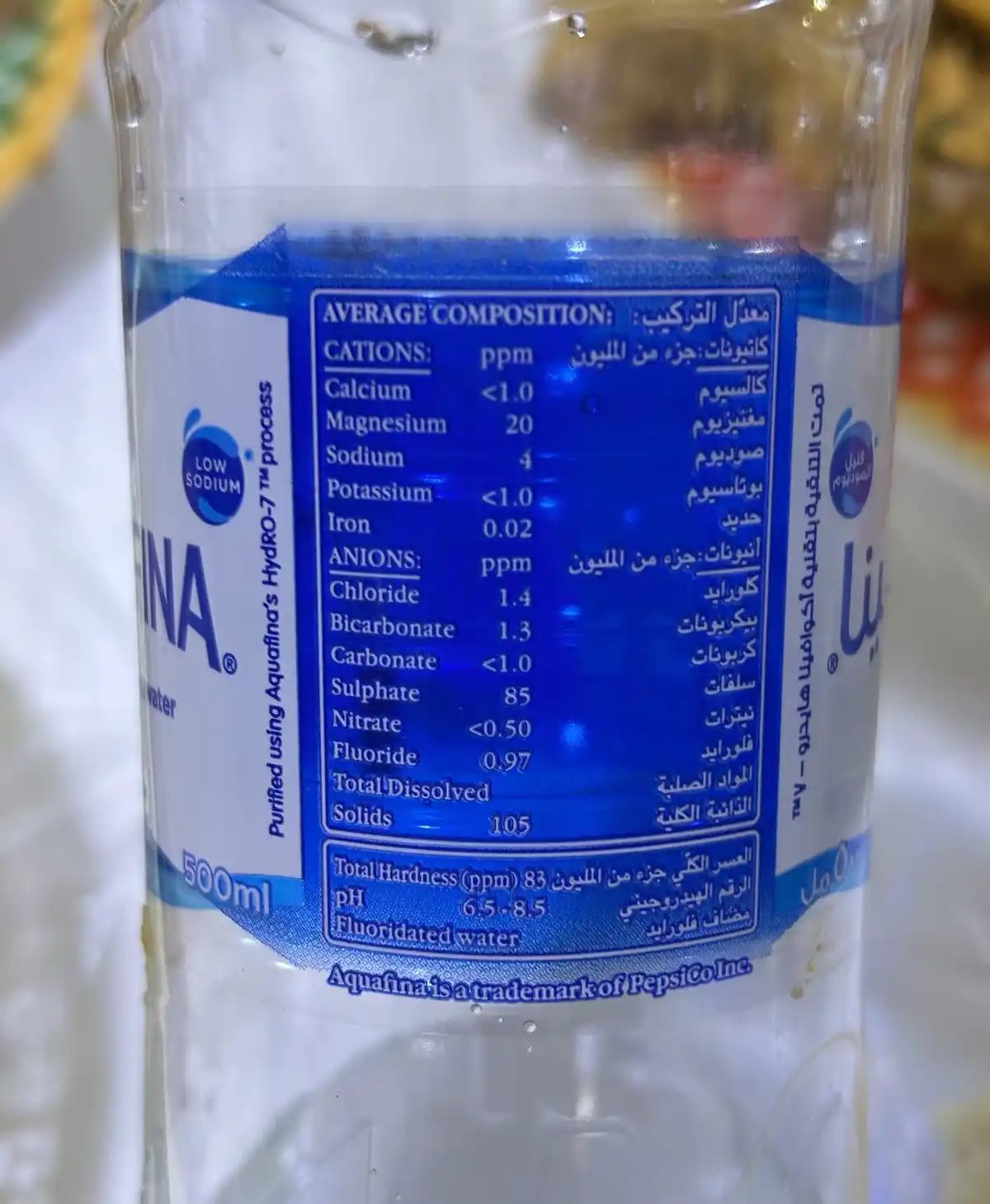 A close-up of an Aquafina water bottle's nutrition label, showing average composition in ppm for cations and anions, with…