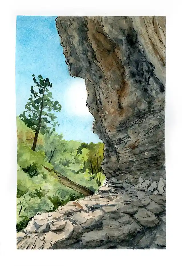 A watercolor painting depicts a rocky trail leading up to a cliffside, with green trees and a blue sky visible through the…