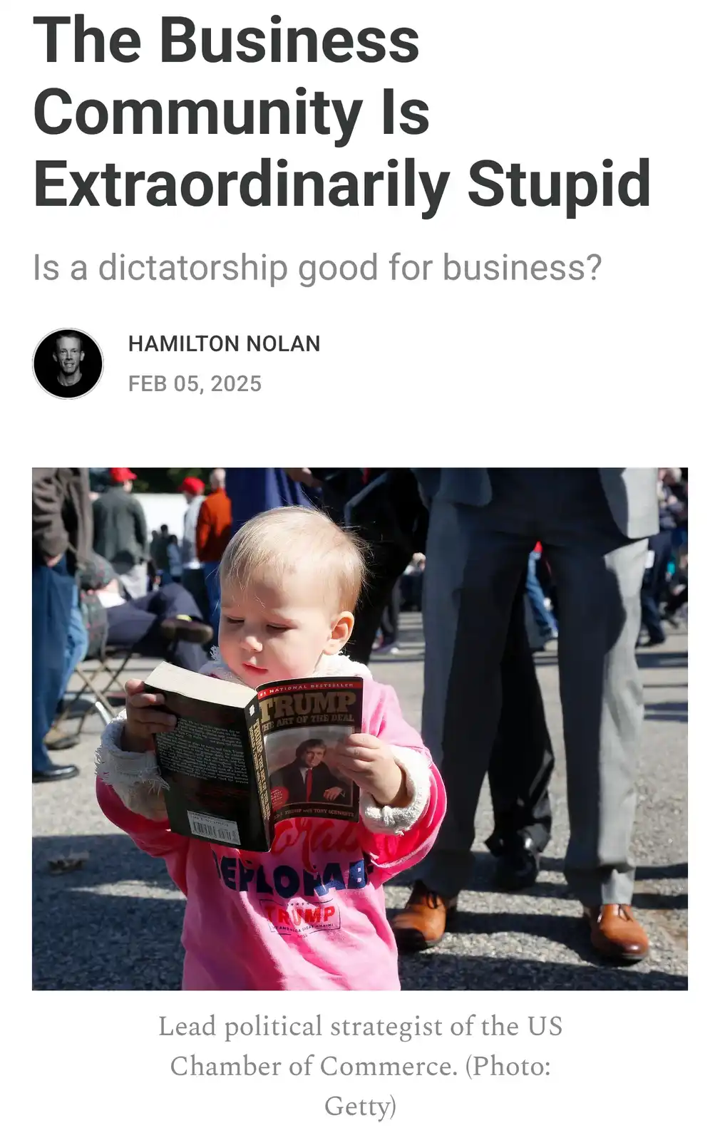 A young child in a pink 'I DEPLORE TRUMP' shirt is holding and reading 'Trump: The Art of the Deal'. The image is overlaid…