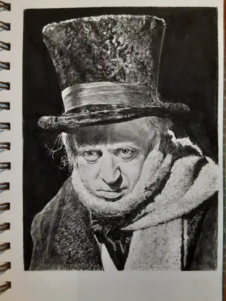 A detailed black-and-white charcoal drawing of a man wearing a top hat and a fur-lined coat, drawn on a spiral-bound…
