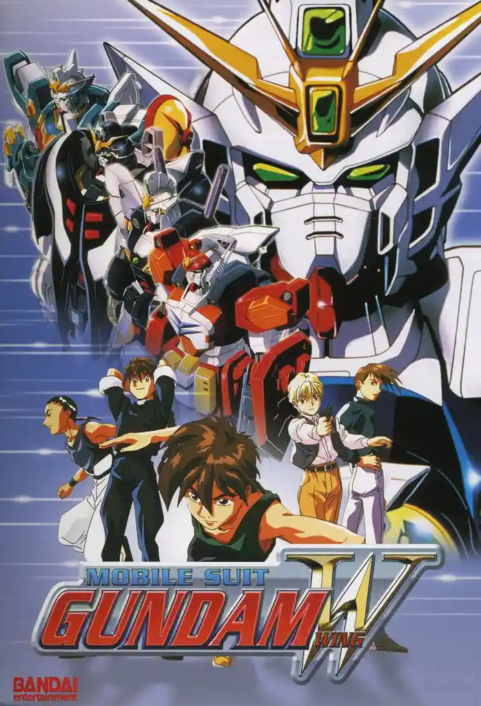 The image is a promotional poster for the anime 'Mobile Suit Gundam Wing,' featuring several giant humanoid robots (gundams)…