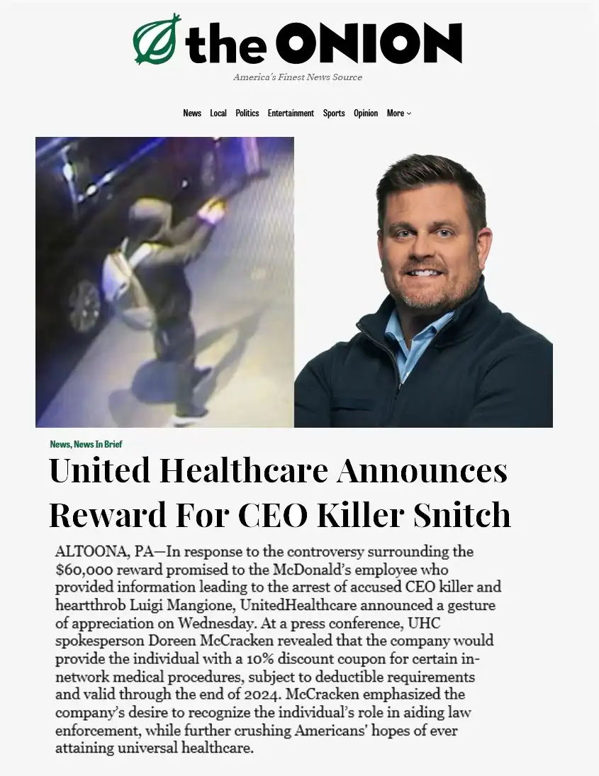 The image is a satirical news article from 'the ONION' featuring a split-screen: on the left, a grainy security camera image…