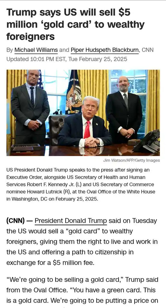A screenshot of a CNN article from February 25, 2025, featuring a photo of Donald Trump seated at a desk in the Oval Office…