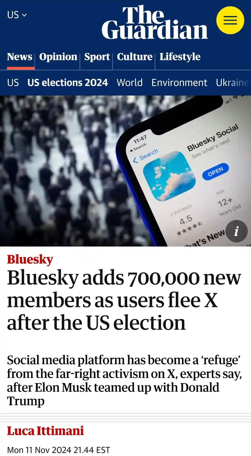 The image shows a screenshot of The Guardian's news article about Bluesky gaining 700,000 new users after the US election…